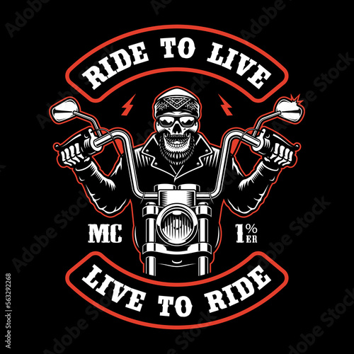 Vector biker patch with a skull on a motorcycle on a dark background