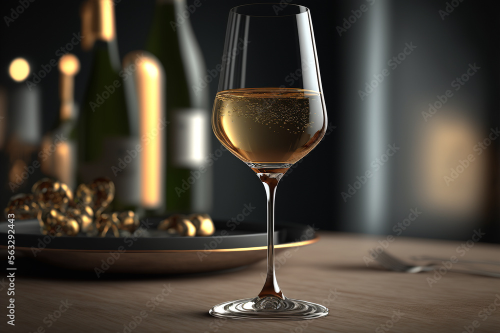 A glass of champagne sitting on top of a table, Generative AI
