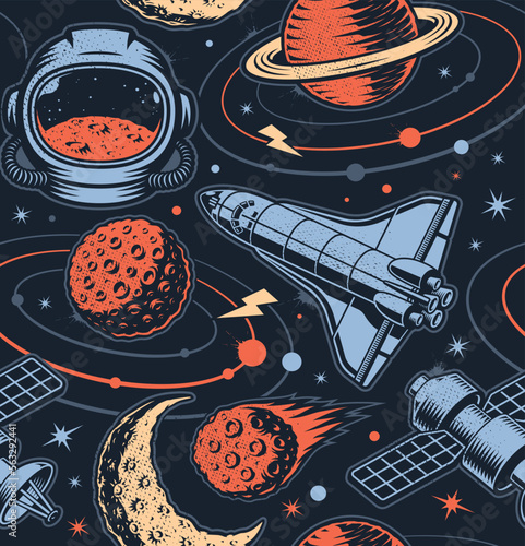 Vintage space seamless background with design elements such as space helmet, planets, space satellite, shuttle 