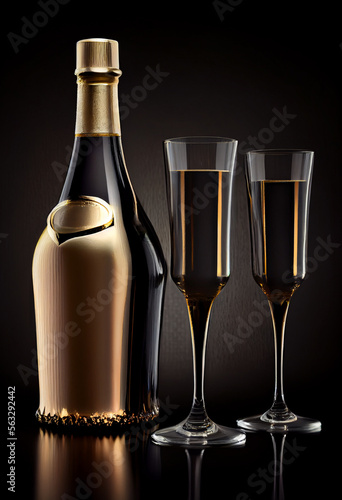 Elegante Champagnerflasche und Gläser auf einem schwarzen Hintergrund - perfekt für einen besonderen Anlass. Etikettlose Flasche mit Platzhalter - Generative Ai