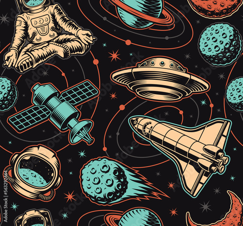 Space seamless background with design elements such as flying saucer, planets, space satellite, shuttle, asteroid, astronaut