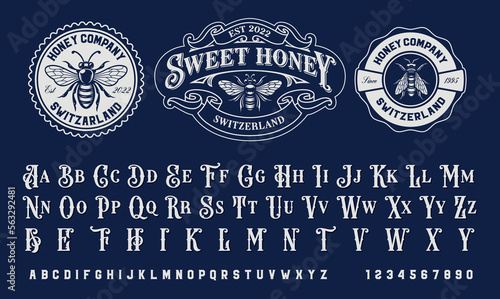 Set of vintage honey labels templates with vintage font on a dark background