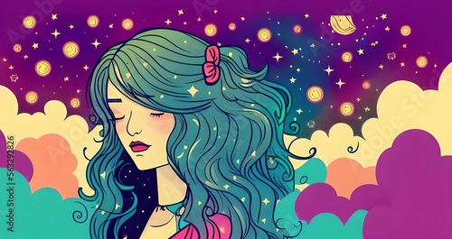 Girl walking dreaming with starry galaxy background ground 