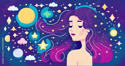 Woman flat character dreaming in space with flying hair  starry Galax background 