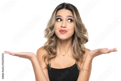 Wallpaper Mural Close up portrait of young womanwearing black T-shirt, feeling guilty, confused, making helpless gesture with hands, having Oops expression on her face. Torontodigital.ca