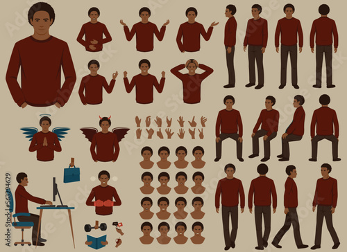 Vector black african man character casual poses set in flat style. Full length, gestures, emotions, front, side, back view.