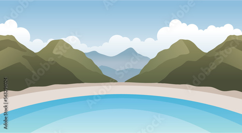 Natural scenery of beaches  hills  mountains and clouds