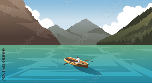 Natural scenery of the sea, hills, mountains and people on boats vectors and illustrations
