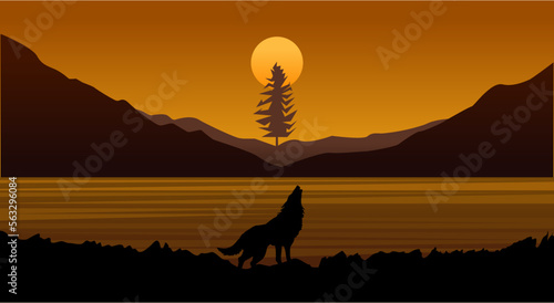 Wallpaper natural landscape of lakes, hills, trees, mountains and wolves at sunset vectors and illustrations