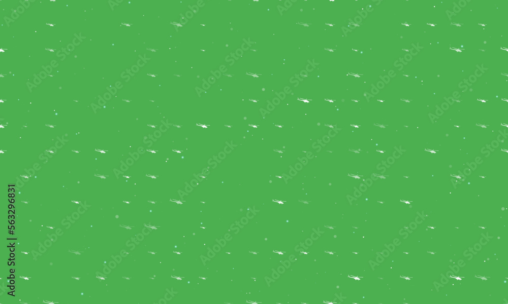 Seamless background pattern of evenly spaced white helicopter symbols of different sizes and opacity. Vector illustration on green background with stars