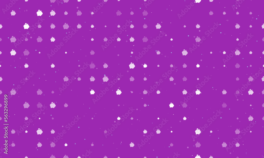 Seamless background pattern of evenly spaced white piggy bank symbols of different sizes and opacity. Vector illustration on purple background with stars