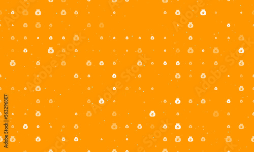 Seamless background pattern of evenly spaced white instant coffee symbols of different sizes and opacity. Vector illustration on orange background with stars