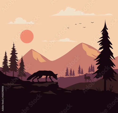 landscape with mountains and wild animal 