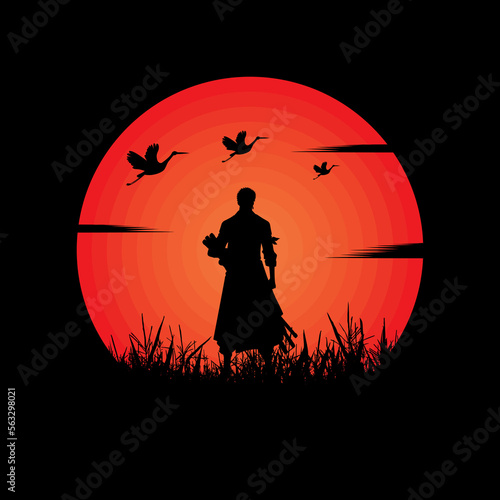 illustration vector graphic of Samurai training at night on a full moon. Perfect for wallpaper, poster, etc. Landscape wallpaper, Illustration vector style, Colorful view background, One Piece