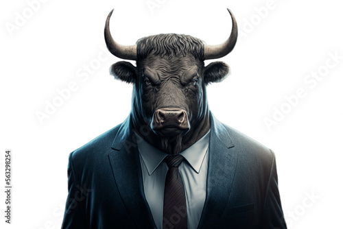 Portrait of a bull wearing a suite, dress shirt and tie on a transparent background, generative ai