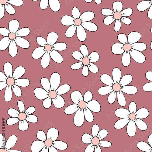 Seamless floral pattern based on traditional folk art ornaments. Colorful chamomile, daisy flowers on color background. Doodle style. Vector illustration. Simple minimalistic pattern