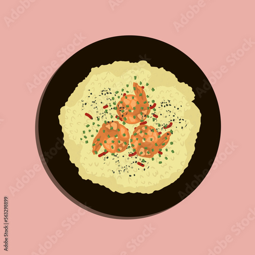 Delicious shrimp risotto dressed with parmesan cheese and parsley. food illustration, food cartoon.