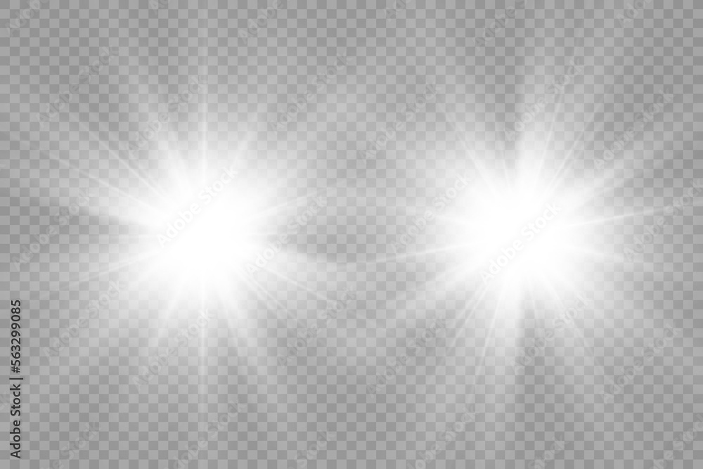 Special lens flash, light effect. The flash flashes rays and searchlight. illust.White glowing light. Beautiful star Light from the rays. The sun is backlit. Bright beautiful star. Sunlight. Glare.
