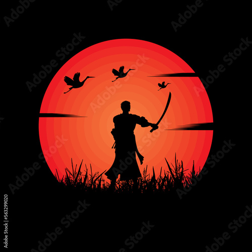 illustration vector graphic of Samurai training at night on a full moon. Perfect for wallpaper, poster, etc. Landscape wallpaper, Illustration vector style, Colorful view background, One Piece