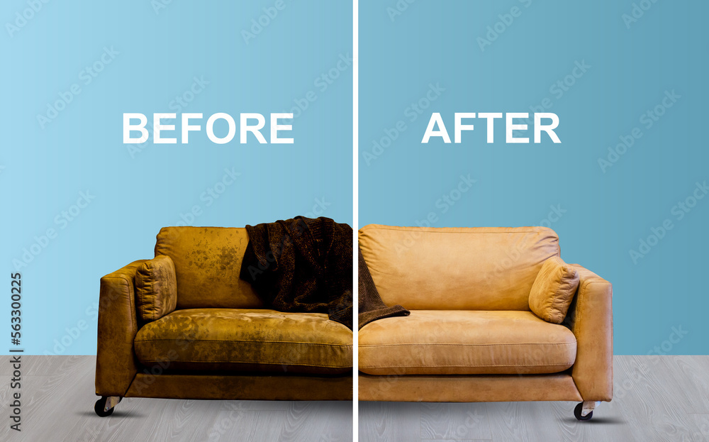 Before and after cleaning sofa. Blue soft sofa dirt. dirty half and clean  half. dry cleaning company Stock Photo | Adobe Stock