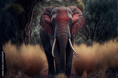 African elephant with red stripes hybrid, in forest, biopunk, full body photograph. Generative ai