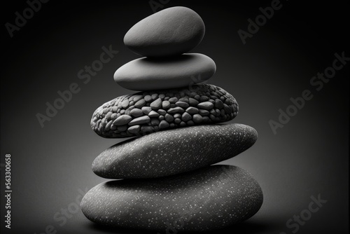 Grey Pebbles stones stack on top of each other with black background. Generative ai
