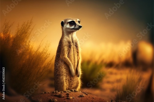A meerkat on lookout in natural brown grassy environment.