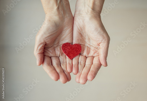 Female hands holding little red heart. Old woman's hands giving care and love. Mother's love forever.