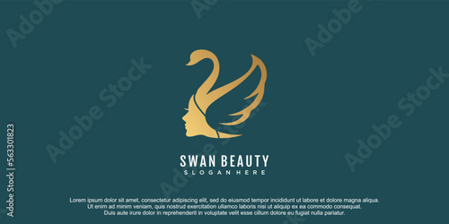 Beauty women face logo with swan concept design vector icon illustration