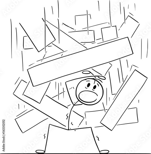 Person Under Falling Objects, Vector Cartoon Stick Figure Illustration