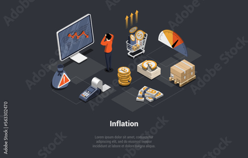 Global World Financial Crisis, Default, Inflation, Devaluation, Stock Market Crash. Shocked Man Investor Lose Money And Investments Looking At Downfall Trend Chart. Isometric 3d Vector Illustration