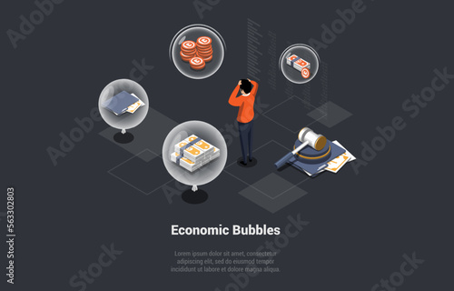 Economic Bubbles, Startup, Ponzi Scheme, Financial Pyramid And Venture Investments. Male Character Or Venture Fund Make High Risk Investments In Order To Make Profit. Isometric 3d Vector Illustration