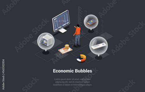 Economic Bubbles, Startup, Ponzi Scheme, Financial Pyramid And Venture Investments. Man Stock Analyst Or Venture Fund Make Risk Investments In Order To Make Profit. Isometric 3d Vector Illustration