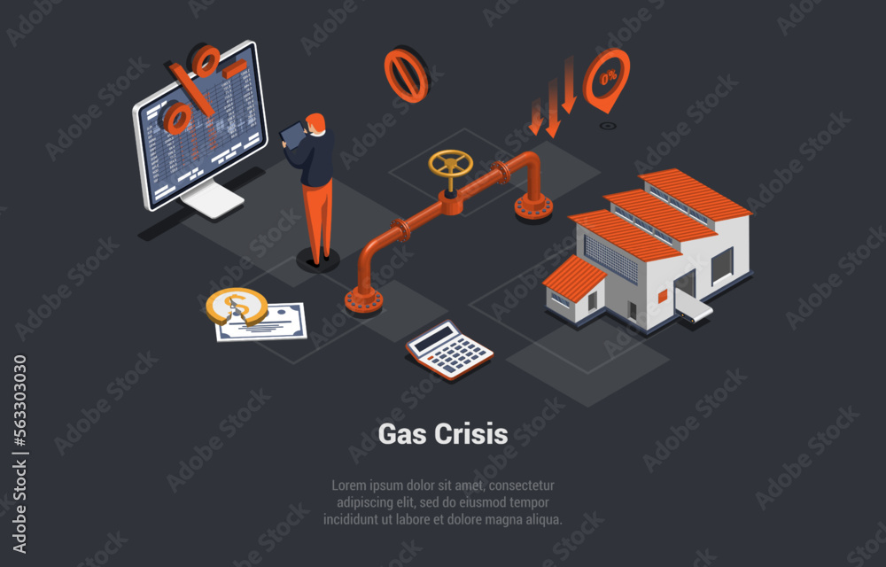 Concept Of Natural Gas Crisis, Embargo, Default, Economy Crisis And Bankruptcy. Character Gas Price Analyst, Buy And Sell Natural Gas Futures At Stock Market. Isometric Cartoon 3D Vector illustration Concept Of Natural Gas Crisis, Embargo, Default, Economy Crisis And Bankruptcy. Character Gas Price Analyst, Buy And Sell Natural Gas Futures At Stock Market. Isometric Cartoon 3D Vector illustration