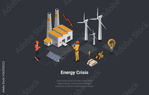 Energy Crisis, Oil, Natural Gas Embargo, Default, Economy Crisis, Bankruptcy, Falling Energy Prices. Decrease in Production Volumes as a Consequence of Energy Crisis. Isometric 3D Vector illustration