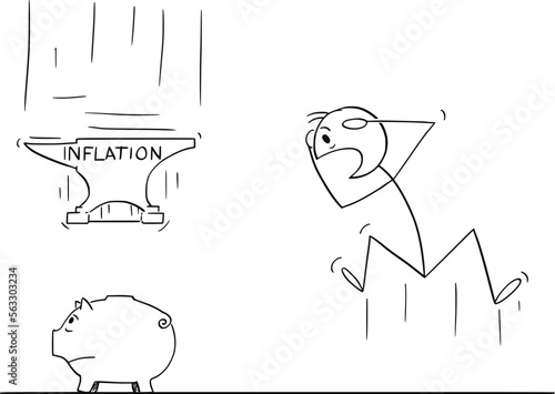 Person Shocked by Inflation Crushing Savings , Vector Cartoon Stick Figure Illustration