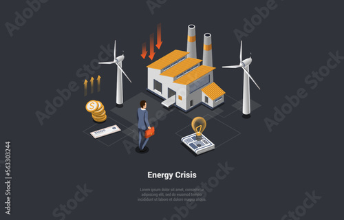 Energy Crisis, Oil, Natural Gas Embargo, Default, Economy Crisis, Man Analyst Controls Energy Prices. Decrease in Production Volumes as Consequence of Energy Crisis. Isometric 3D Vector illustration