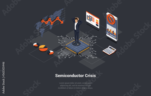 Concept Of Semiconductor And Economy Crisis, Microchips Deficit For Manufacturing. High Tech Factory Engineer Try To Solve Problem In Programming Microchips. Isometric 3D Cartoon Vector illustration