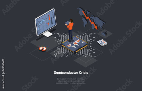 Semiconductor Crisis Concept, Economy Crisis, Microchips Deficit For Manufacturing. Male Character Factory Engineer Use Computer for Programming Microchips. Isometric Cartoon 3D Vector illustration