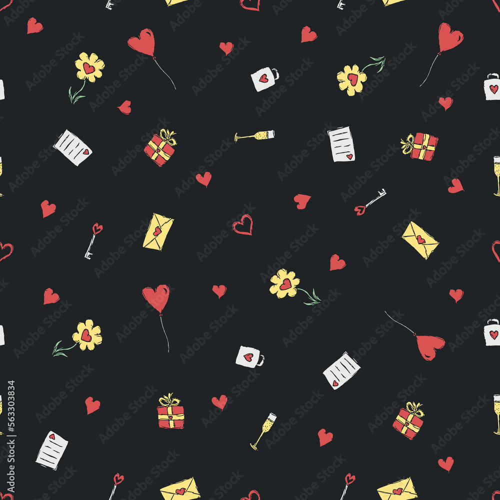 Valentine's day pattern. Seamless pattern with hearts, giftbox, flowers. Love background Valentine's day pattern. Seamless pattern with hearts, giftbox, flowers. Love background