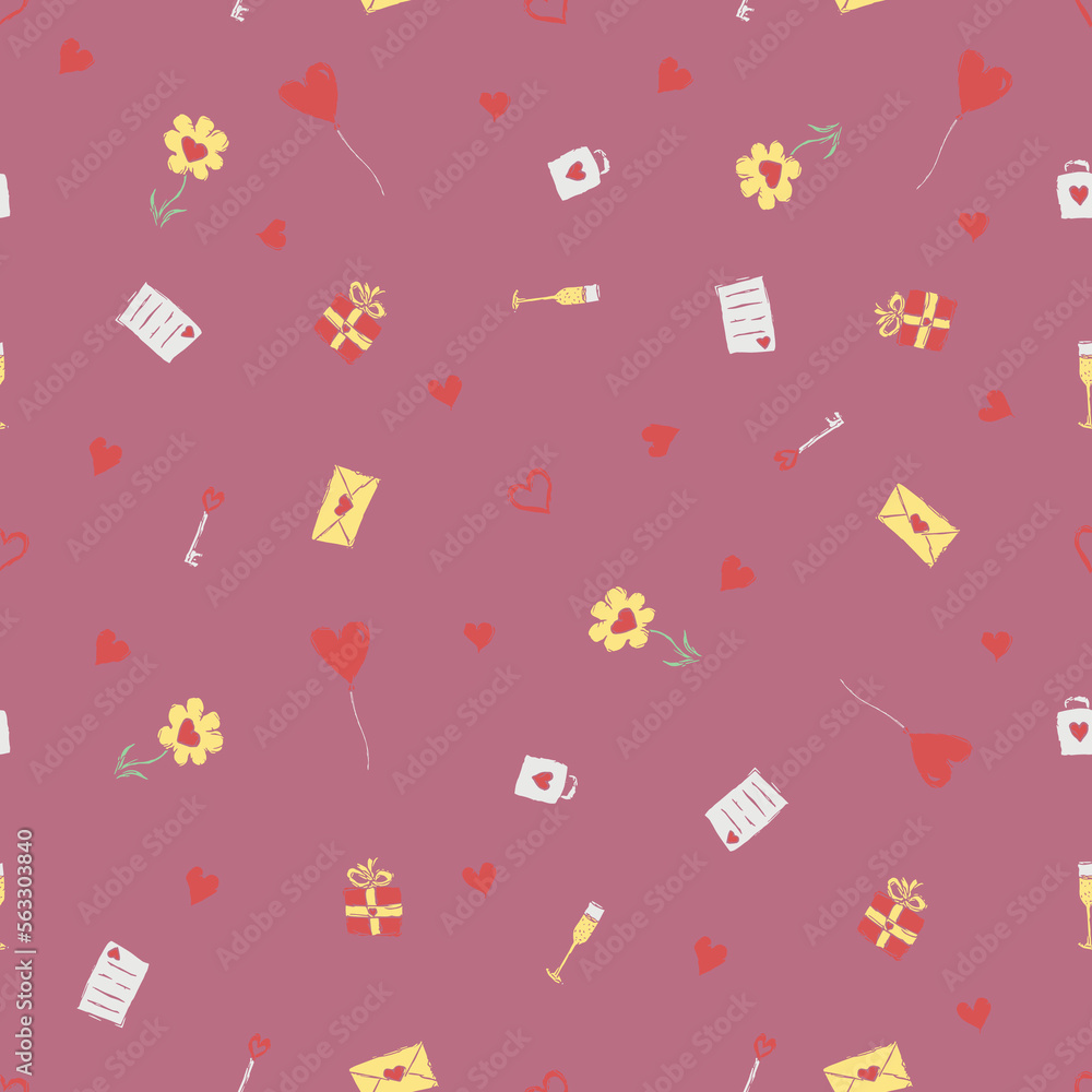Valentine's day pattern. Seamless pattern with hearts, giftbox, flowers. Love background Valentine's day pattern. Seamless pattern with hearts, giftbox, flowers. Love background