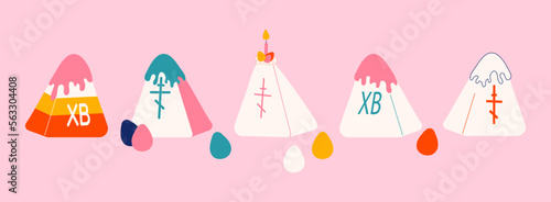 Set of Easter cakes with orthodox crosses vector illustration. Russian cottage cheese paskha and painted eggs. Hand drawn dessert with light candle. Clip art elements
