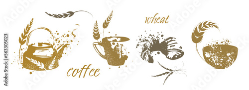 Grain plants silhouettes and cereal bowls. Coffee cups, beans and breakfast elements. Wheat, barley and ears of corn. Vector sketch illustration for food packaging design template.