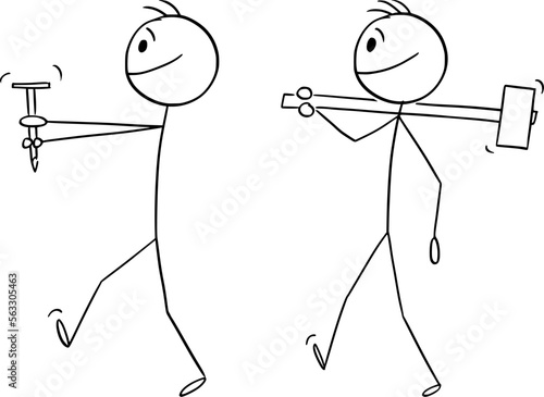 Two Workers With Nail and Hammer, Vector Cartoon Stick Figure Illustration