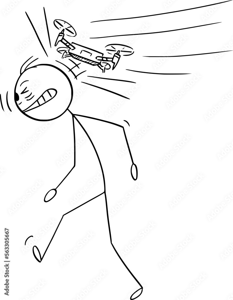 Person Hit by Drone, Vector Cartoon Stick Figure Illustration