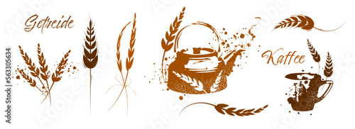 Grain plants silhouettes and cereal bowls. Coffee cups, beans and breakfast elements. Wheat, barley and ears of corn. Vector sketch illustration for food packaging design template.