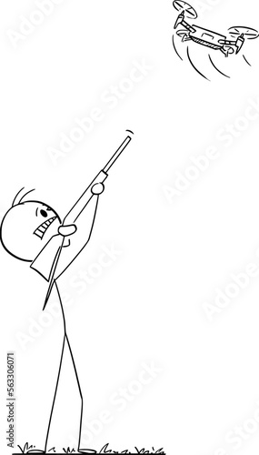 Angry Person Shooting by Rifle at Flying Drone , Vector Cartoon Stick Figure Illustration