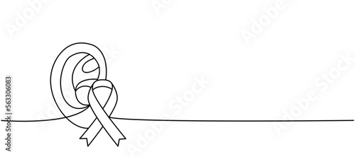 Human ear with ribbon one line continuous drawing. Cancer awareness ribbon, AIDS tape continuous one line illustration. Vector minimalist illustration