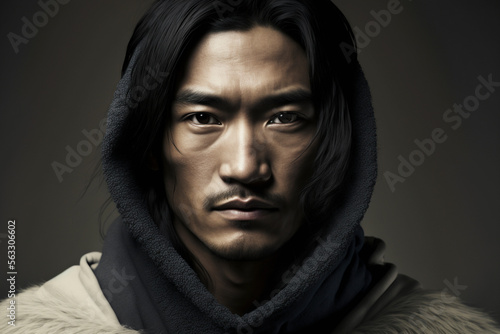 Close-up portrait of a fictional Asian man with a black hood on a dark background - not based on a real person, Generative AI