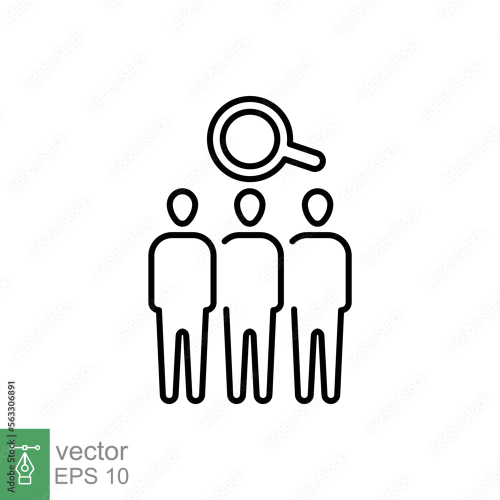 Search job vacancy icon. Simple outline style. Magnifying glass, find people employer business concept. Hire candidate, recruit, competition line symbol. Vector illustration. EPS 10. Search job vacancy icon. Simple outline style. Magnifying glass, find people employer business concept. Hire candidate, recruit, competition line symbol. Vector illustration. EPS 10.